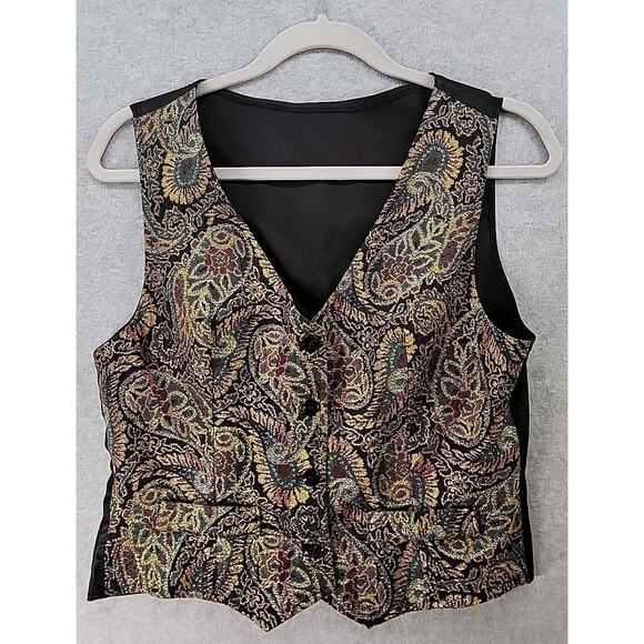 Vintage STAR CITY Women's Sz M Tapestry Paisley Floral Brocade Button Vest Black - Picture 1 of 10